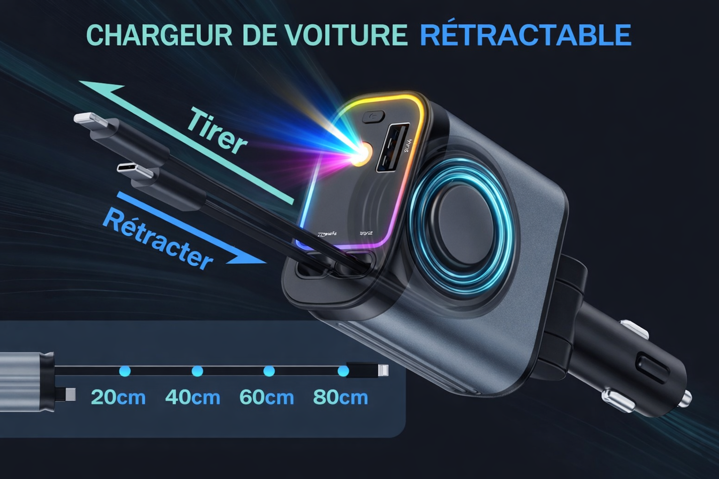 Chargeur 4 en 1 ultra rapide qui organise et illumine votre voiture