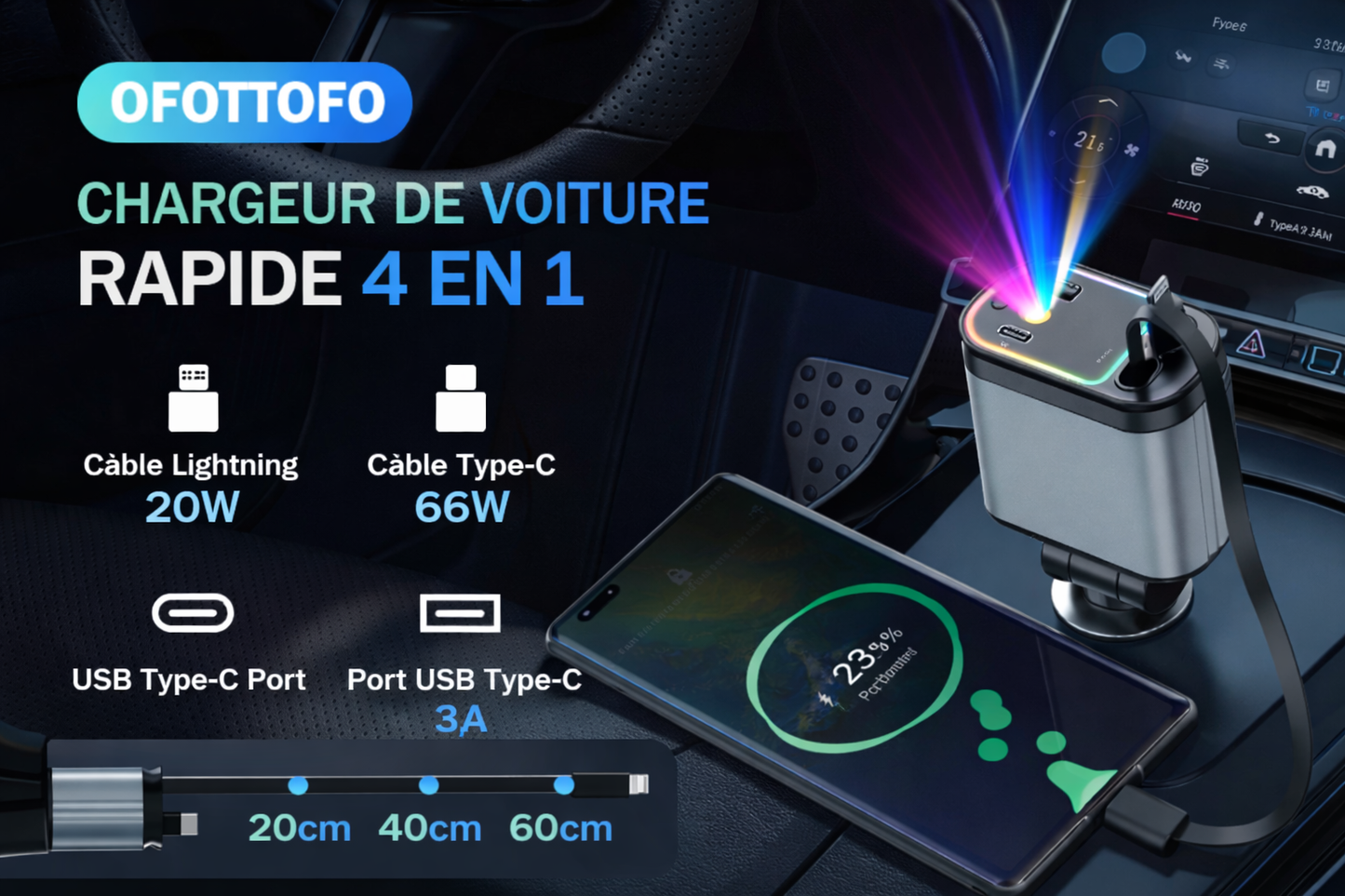 Chargeur 4 en 1 ultra rapide qui organise et illumine votre voiture